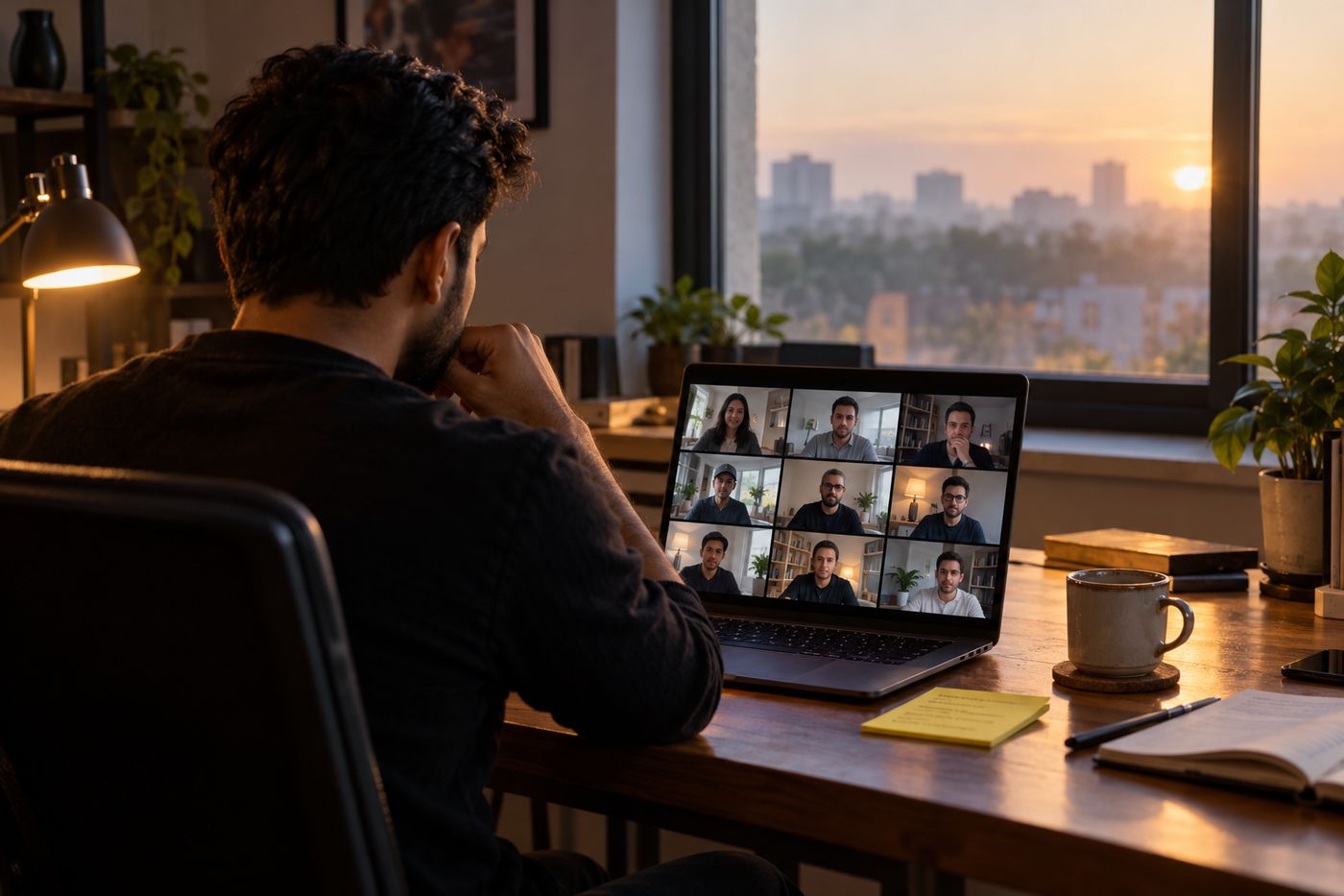 A founder at 7am on a video call with other founders, cameras on