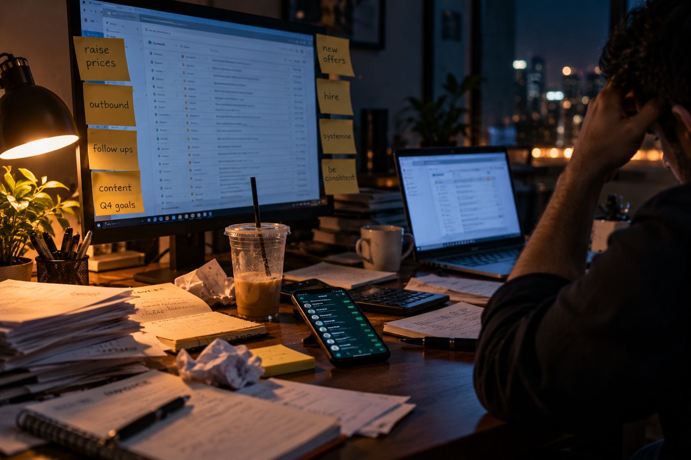A founder's desk late at night, covered in sticky notes of projects that never got done